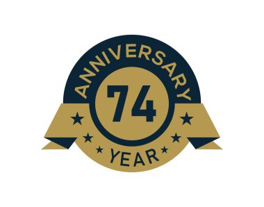 Altından 74 yıllık yıldönümü rozeti ve beyaz arka planda altın izole edilmiş yıldönümü logosu.