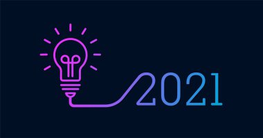 Yaratıcılık ampulü fikri 2021 yılbaşı tasarımıyla donanma mavisi arka plan renginde ampulle birlikte. Çözüm, planlama fikirleri. İş, ışıltı