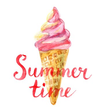 Yaz saati yazı ve Suluboya Dondurma waffle koni, beyaz arka plan üzerinde izole