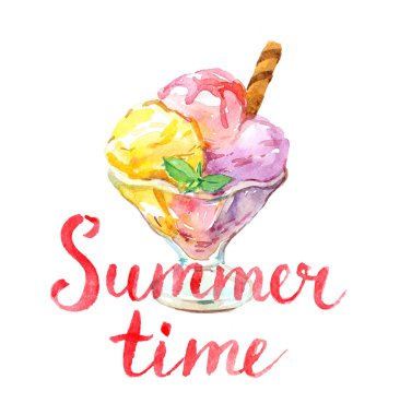 Yaz saati yazı ve suluboya beyaz arka plan üzerinde izole dondurma Kupası ' nda