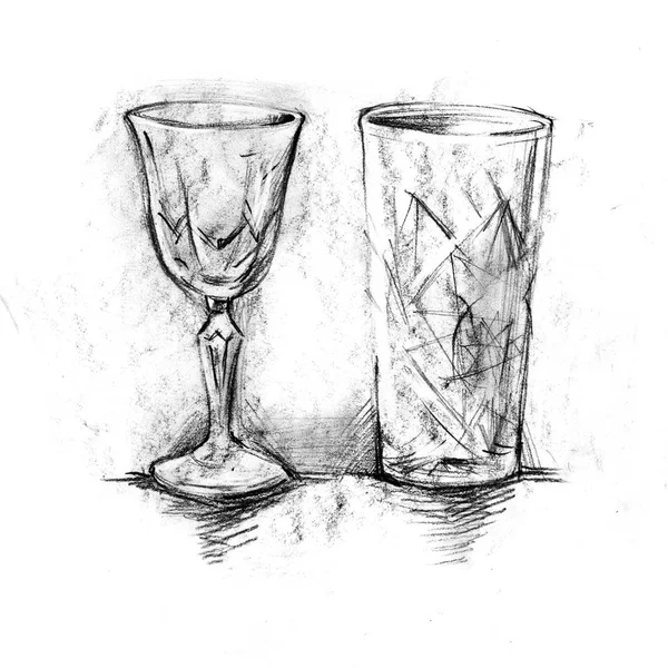 Set Painted Glasses Cocktails Wine Drawing White Background — Stock Photo, Image