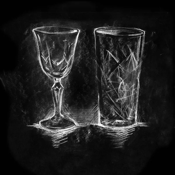 Set Chalk Painted Glasses Cocktails Wine Drawing Black Background — Stock Photo, Image