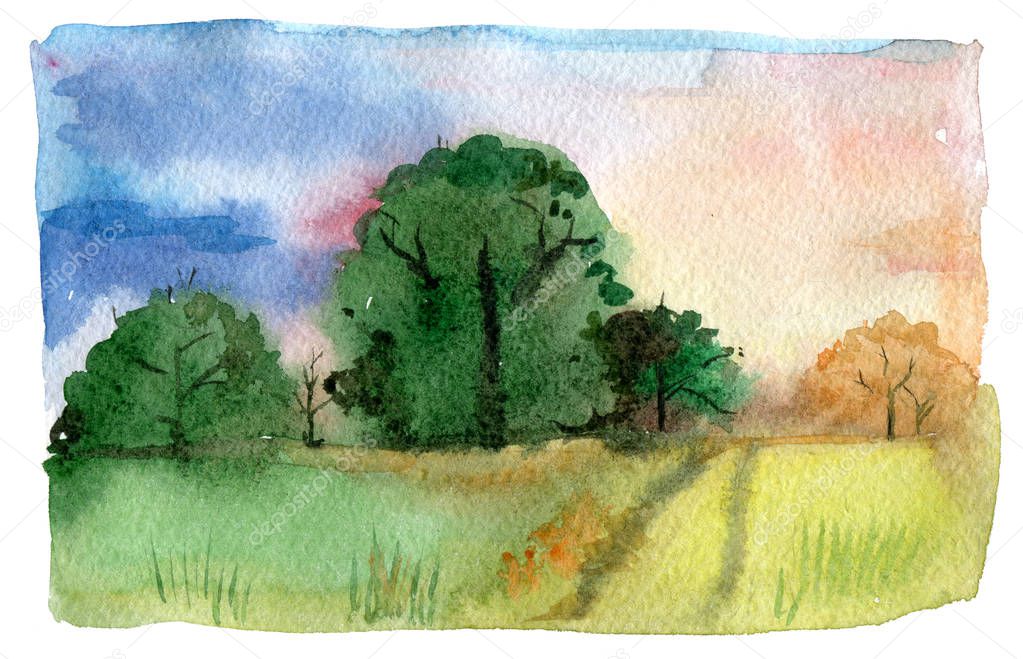 landscape with sunset, watercolor illustration