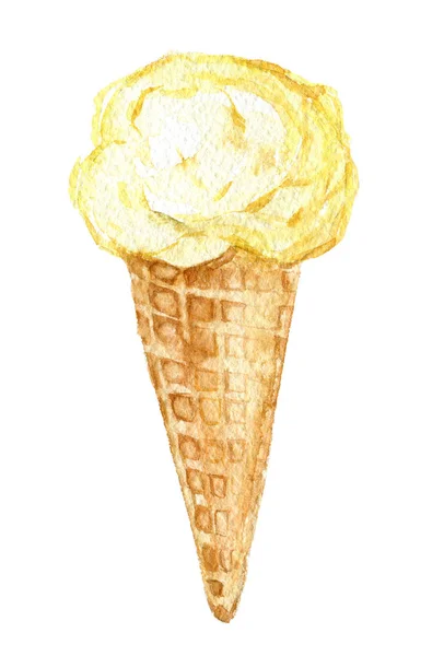 白色背景下孤立的圆锥中的黄色冰淇淋 水彩画 — 图库照片