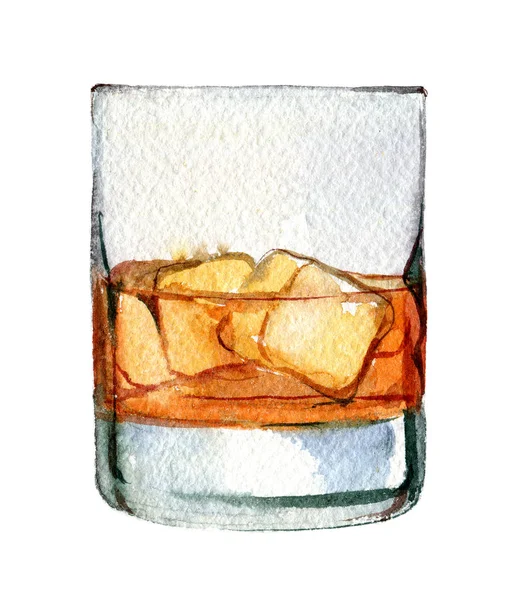 Whisky Mit Eis Glas Isoliert Auf Weißem Hintergrund Aquarell Illustration — Stockfoto