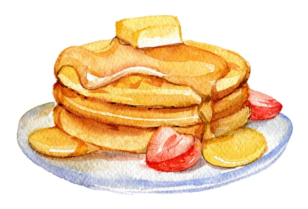 Pfannkuchen Mit Honigbutter Und Erdbeere Isoliert Auf Weißem Hintergrund Aquarell — Stockfoto