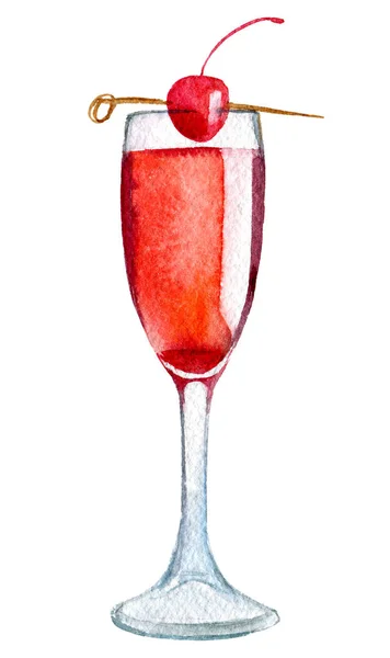 Cocktail Mit Kirsche Auf Weißem Hintergrund Aquarell Illustration — Stockfoto