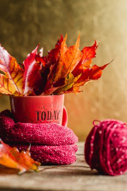 bir kupa tangles iplik altın arka plan ile sonbahar yaprakları