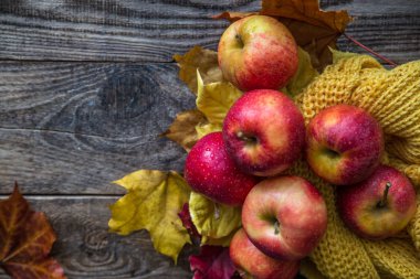 ahşap arka plan üzerinde kırmızı elma sarı sonbahar örgü yapraklar