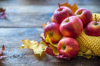 ahşap arka plan üzerinde kırmızı elma sarı sonbahar örgü yapraklar