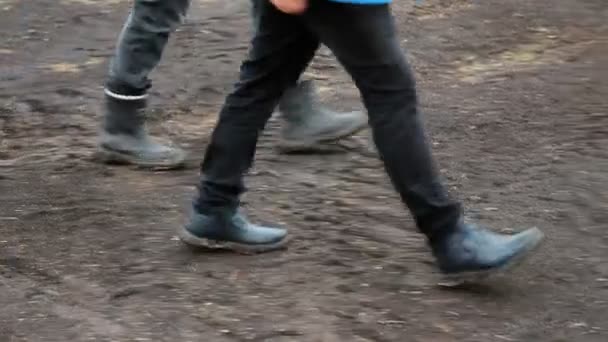 Un grupo de trabajadores caminando en el campo con el tiempo nublado Botas en el barro Diapositiva — Vídeo de stock