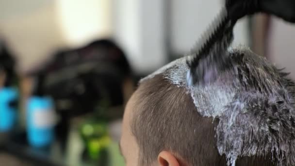 Cabeleireiro aplica lixívia a um cabelo de mulher O salão está em casa — Vídeo de Stock