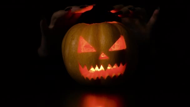 Young woman fooling around with a pumpkin Halloween holiday Isolated black background. — Stock Video