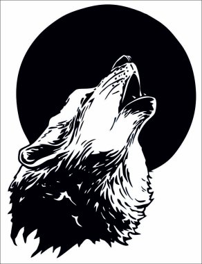 black and white drawing of a wolf that howls at the moon clipart