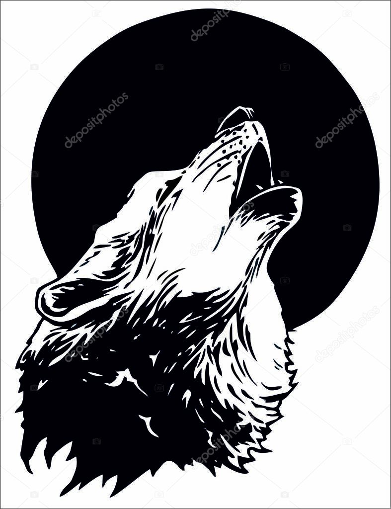 Black and white drawing of a wolf that howls at the moon