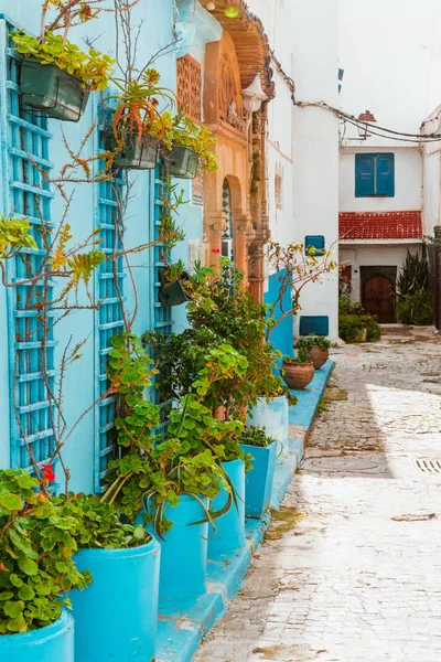 Petites rues en bleu et blanc dans la kasbah de la vieille ville Rabat au Maroc — Photo