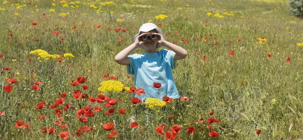 Little girl looking through binoculars outdoors — Stock Photo, Image