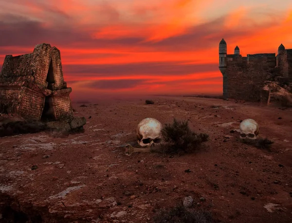 Halloween background with old towers and skulls — Stock Photo, Image