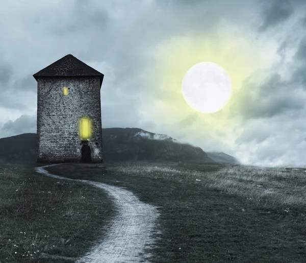 Apocalyptic Scenery Road Old Towers Moon — Stock Photo, Image