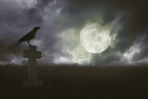 Paesaggio Apocalittico Halloween Con Tomba Corvo Luna — Foto Stock