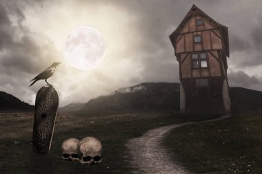 Eski ev, kabak, mezar, kuzgun ve ay ile kıyamet Cadılar Bayramı sahne