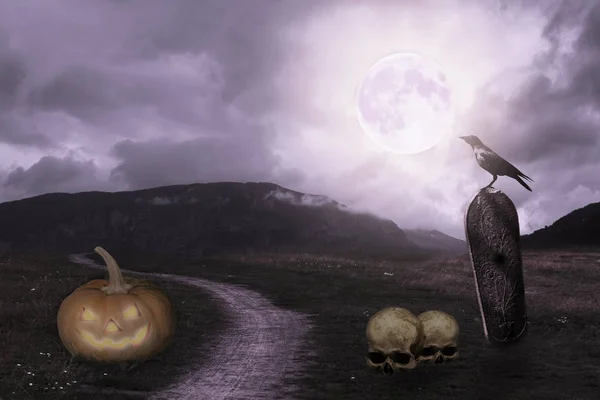 Paesaggio Apocalittico Halloween Con Zucca Tomba Teschio Corvo Luna — Foto Stock