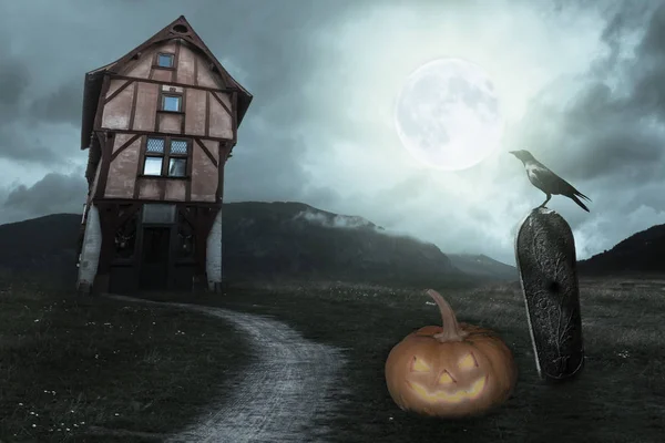 Paesaggio Apocalittico Halloween Con Vecchia Casa Zucca Tomba Corvo Luna — Foto Stock