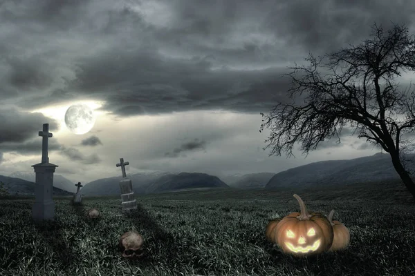 Cimetière Halloween Effrayant Avec Des Nuages Sombres Lune Citrouille — Photo