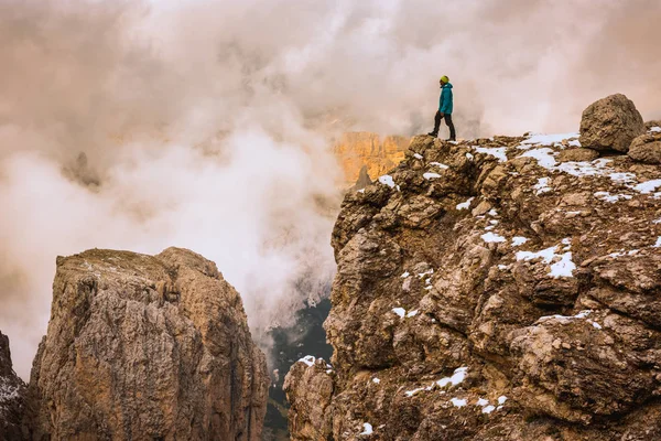 Woman Top Rock Success Victory Concept Sella Ronda Dolomites Italy — Stock Photo, Image