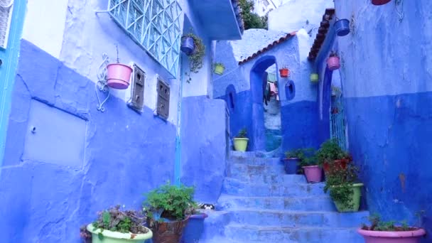 Περπάτημα στην medina μπλε πόλη Chefchaouen Μαρόκο — Αρχείο Βίντεο