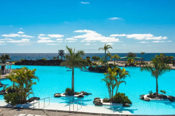 Tropiska resort pool med solstolar, palmer och havsutsikt — Stockfoto