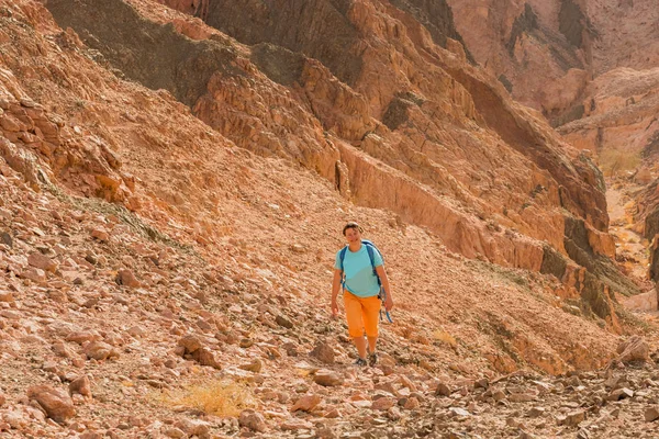Mulher Caminhante com mochila desfrutar de vista no deserto — Fotografia de Stock