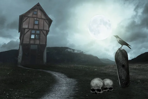Фон на Хеллоуїн зі старим будинком з пупкою, могилою, ворон і місяць — стокове фото