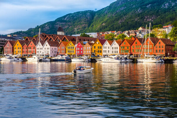 View of historical buildings in Bryggen- Hanseatic wharf UNESCO World Heritage Site