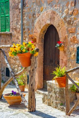 Güzel saksılar, İspanyol köyü Valldemossa, Mallorca renkli çiçekler