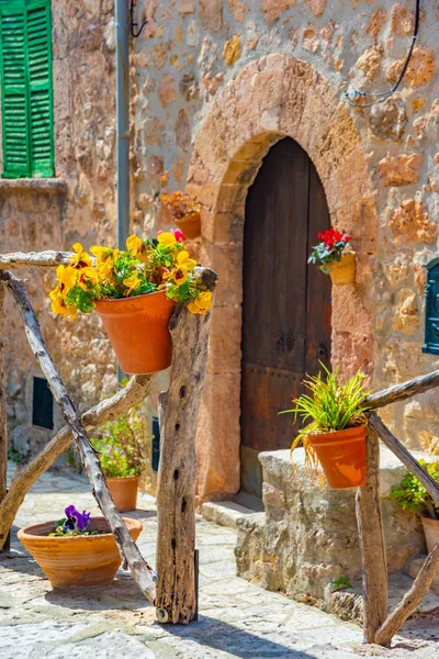 Bellissimi vasi di fiori, fiori colorati nel villaggio spagnolo Valldemossa, Maiorca — Foto Stock