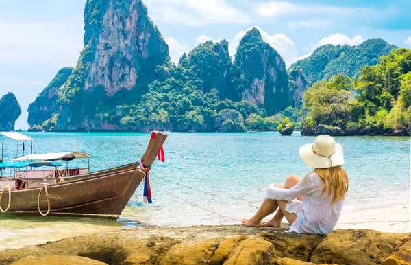 Beautiful woman on paradise Ao Nang Krabi beach with llongtail boat Thailand — Stock Photo, Image