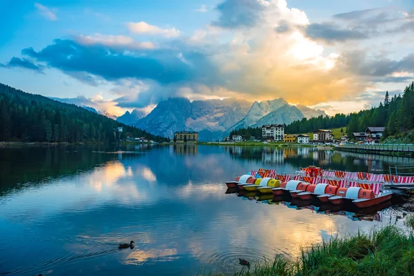 Sunset summer view of Misurina lake National Park Tre Cime di Lavaredo Dolomites — Stock Photo, Image