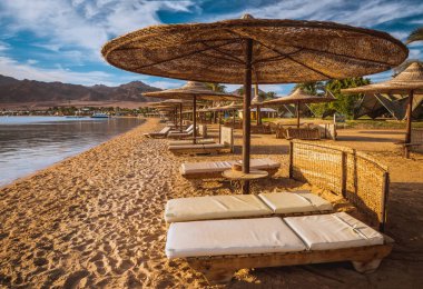 Mısır 'ın Kızıldeniz sahilinde şemsiyenin altında rahatla.