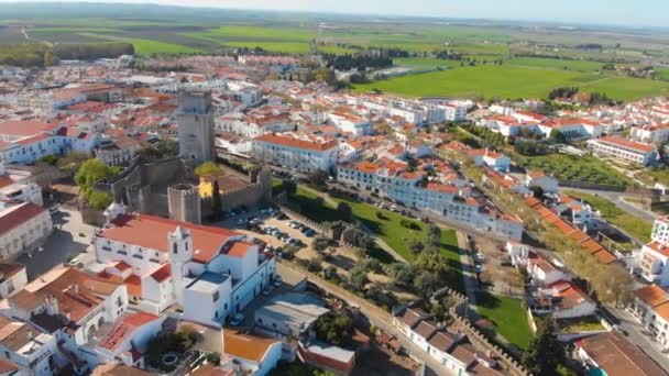 4k air drone view of beja town, medieval small town of portugal — стокове відео