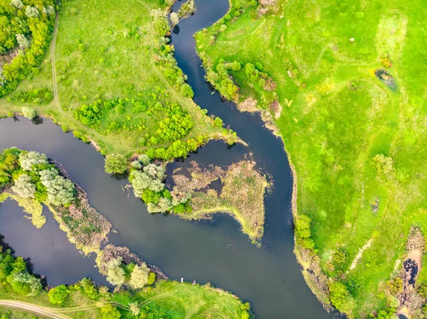 aerial drone landscape of river in green field