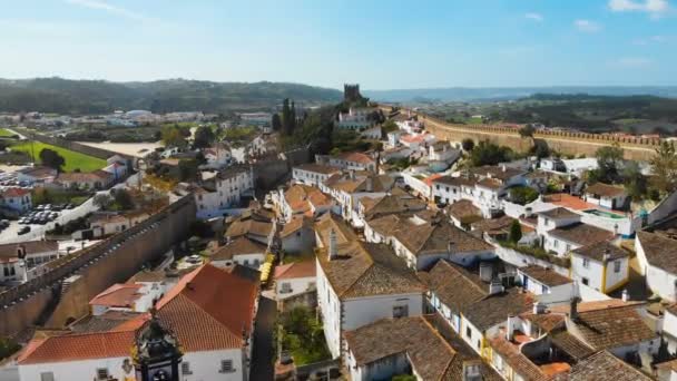 4k Aerial drone footage of historic walled town of Obidos near Lisbon, Portugal — Stock Video