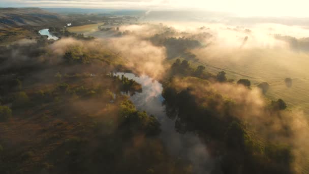 Dron powietrzny widok wschodu słońca nad mglistą rzeką — Wideo stockowe