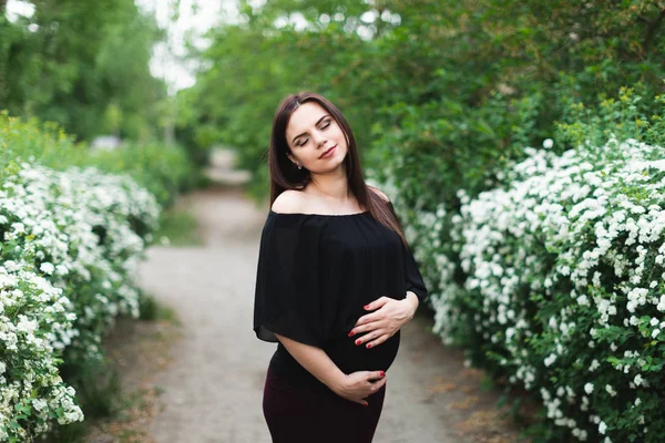 Menina grávida perto de arbusto spiraea — Fotografia de Stock