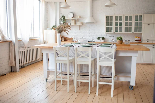 Cute Cozy Light Interior Design Kitchen Big Window Wooden Floor — Stock Photo, Image