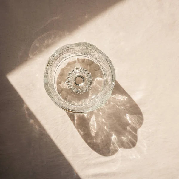 Top View Transparent Glass Vase Soft Long Shadow One Beige — Stock Photo, Image