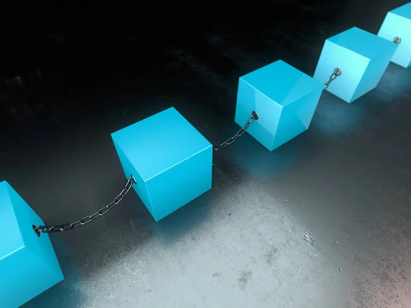 Tecnología Blockchain Cubos Azules Unidos Por Una Cadena Metálica —  Fotos de Stock