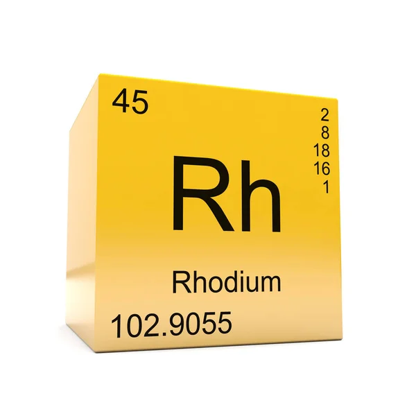 Rhodium Chemical Element Symbol Periodic Table Displayed Glossy Yellow Cube — Stock Photo, Image