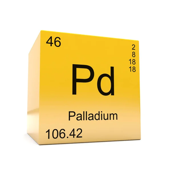 光沢のある黄色の立方体に表示される周期的なテーブルからパラジウム化学要素の記号 — ストック写真
