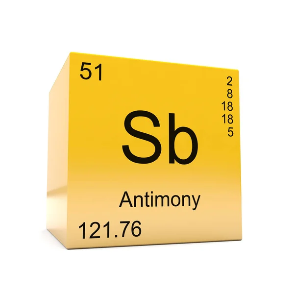 Antimony chemical element symbol from the periodic table displayed on glossy yellow cube